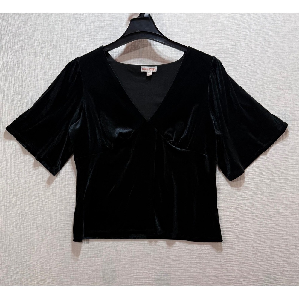 Knox Rose Velvet V-Neck Top Womens L Black Short Sleeve Babydoll Gothic Romantic